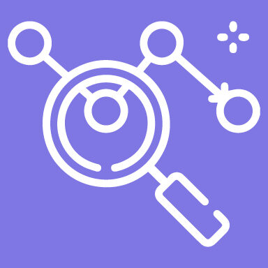 Asset tracking icon: magnifying glass over a connected network of asset locations