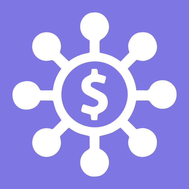 Comprehensive asset management icon: dollar sign at the centre of connected asset nodes