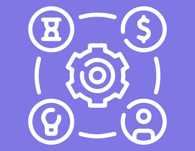 Asset management icons showing time, cost, settings, ideas and people connected to a central gear