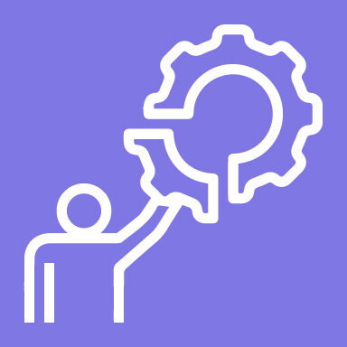 Maintenance management icon: person maintaining a large cog